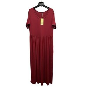LONGYUAN Burgundy Red Maxi Dress Short Sleeve Empire Waist Casual Size‎ 2XL